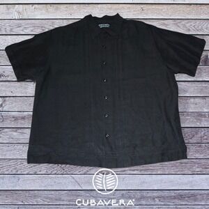 Cubavera Men's Short Sleeve Camp Embroidered‎ Stripe Button Front Shirt Black L